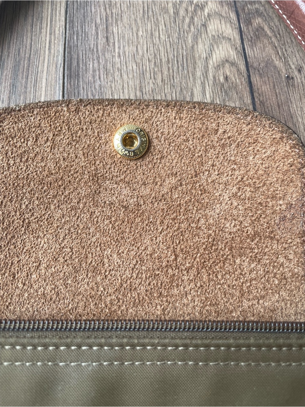 Vintage Longchamp Le Pliage Large Tote Bag Olive Green Leather Trim Gold Snap - Picture 6 of 16